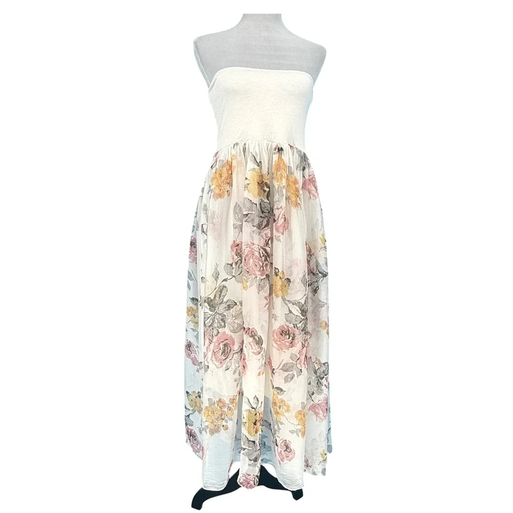 Lola Italy Silk Strapless Floral Maxi Dress White Pastel Floral Size M NWT Bride - Picture 1 of 12